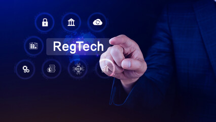 Regtech, Regulatory technology concept, management of regulatory processes with financial industry through technology, Regulatory monitoring, reporting and compliance, Machine learning tech.