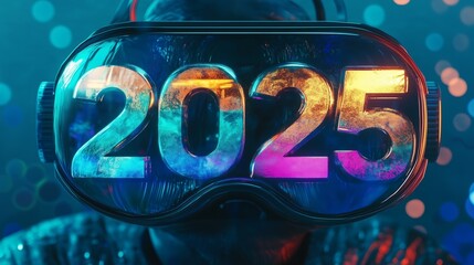 A person wearing futuristic virtual reality goggles displays the vibrant year 2025 in glowing colors during a tech event