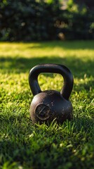 Black Kettlebell on Green Grass - Fitness Equipment