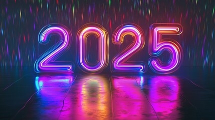 Colorful neon lights display the year 2025 in a vibrant setting with reflections on a wet surface during a celebration