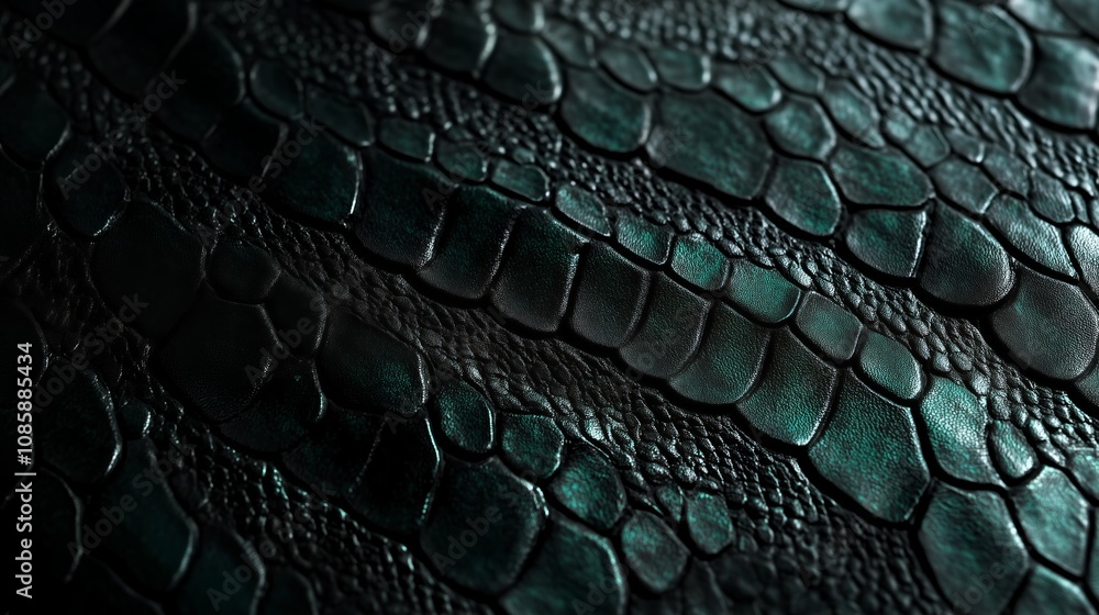 Poster textured close-up of dark green snake skin highlighting scales and patterns under soft lighting in a