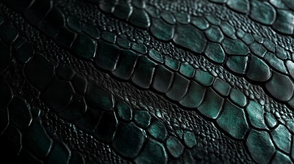 Fototapeta premium Textured close-up of dark green snake skin highlighting scales and patterns under soft lighting in a natural setting