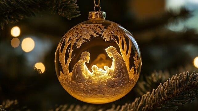 A beautifully crafted ornament featuring the nativity scene, capturing the essence of Christmas with warm glowing lights - Powered by Adobe