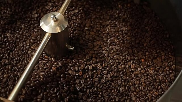 Medium roasting of coffee beans in close-up. Slow roasting of arabica in production top view
