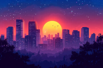 Fototapeta premium Cityscape at Sunset Under a Starry Sky