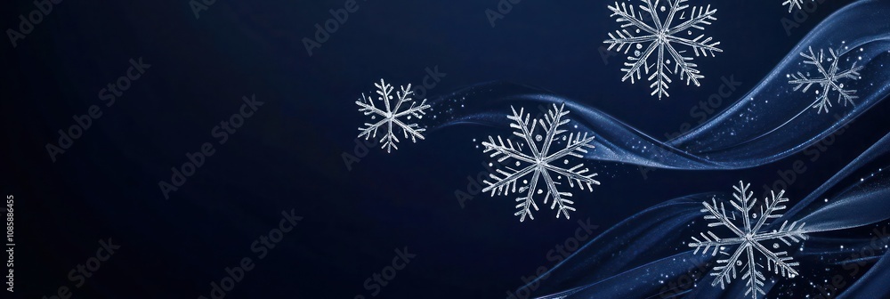 Poster negative space creating a snowflake pattern on a deep navy blue background, subtle silver highlights