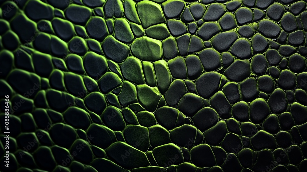 Poster close-up view of textured green reptile skin showcasing unique patterns and colors under natural lig