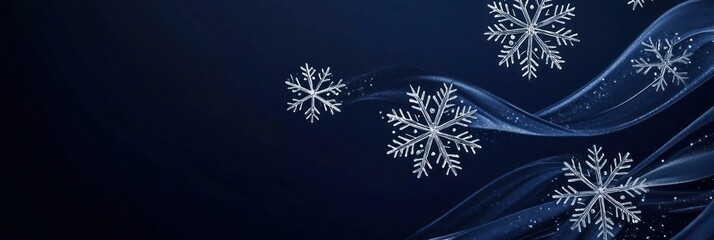 Negative space creating a snowflake pattern on a deep navy blue background, subtle silver highlights, sleek and elegant design