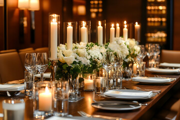 A beautifully set table with candles and fresh roses awaits guests for an intimate dinner