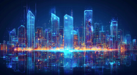 Fototapeta premium A nighttime cityscape is digitally rendered, showcasing illuminated skyscrapers reflected in a still body of water