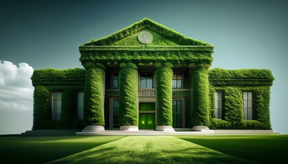 Bank building structure made entirely of green grass, representing eco-friendly financial institutions, sustainable investments, and environmentally conscious governance.