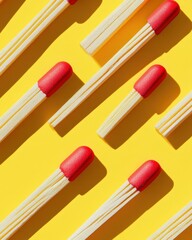 Naklejka premium matches, yellow, red tips, pattern, bright, overhead, creative, minimalistic, vibrant, geometry, arrangement, concept, design, artistic, flat lay, simplicity, bold
