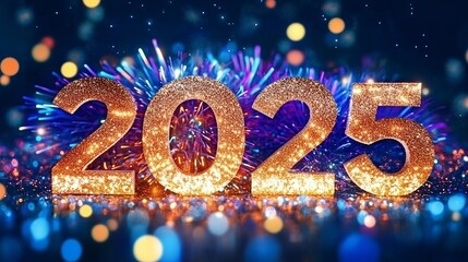 Celebration of New Year 2025 with vibrant fireworks and shimmering numbers displayed in a festive atmosphere