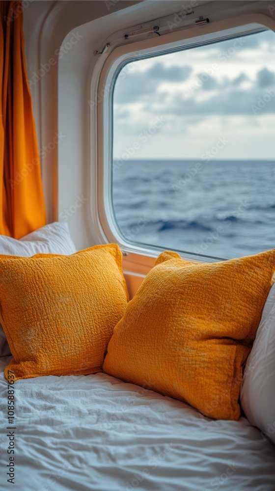 Poster a bed with two orange pillows and a window overlooking the ocean. the pillows are arranged in a way 