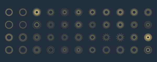 Fireworks. Vintage sunburst collection. Bursting golden sun rays. Vintage sunburst set. Bursting rays sunrise firework starburst blast, Radiant Spark. Logotype or lettering design element. Vector