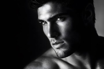 A striking black and white portrait captures a serious male figure in a thoughtful pose, highlighting his intense gaze and strong facial features in detailed contrast.