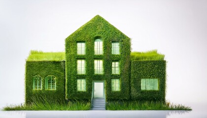 House completely covered in green grass and foliage, concepts of eco friendly architecture, sustainable living, sustainable investments, green loan and green mortgage.
