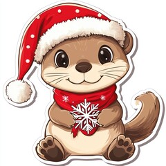 Adorable Otter in Santa Hat Holding Snowflake Christmas Cartoon Character