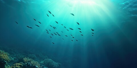 Fototapeta premium A dense shoal of fish swimming above a sprawling coral reef.