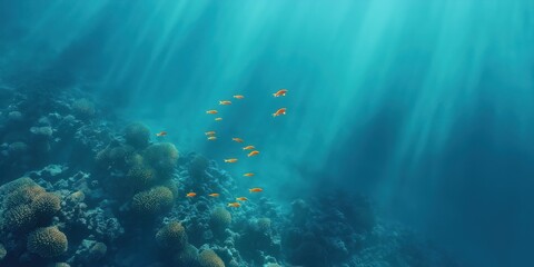 Fototapeta premium A dense shoal of fish swimming above a sprawling coral reef.