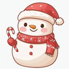 Adorable Cartoon Snowman Holding Candy Cane, Wearing Santa Hat and Scarf