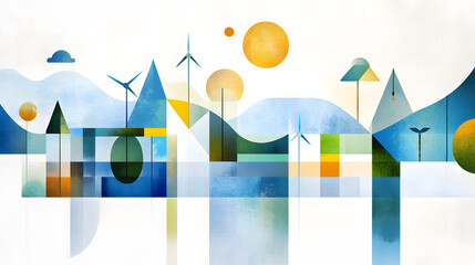 Modern abstract landscape featuring wind turbines and hydro energy symbols, conveying