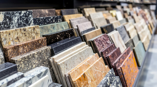 A variety of granite countertop samples displayed on shelves, showcasing different colors, patterns, and textures. Stone products store, construction market. Selective focus.