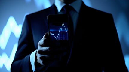 Modern Businessman Using Smartphone with Holographic Financial Data Charts for Real-Time Insights
