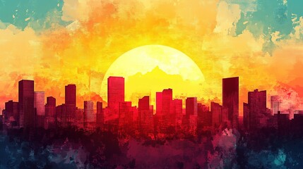 Fototapeta premium Abstract city skyline at sunset with vibrant colors.