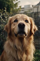 Cute golden retriever exploring a meadow filled with colorful wildflowers, capturing the essence of summer.