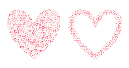 Big heart, frame made of hand drawn tiny small cute hearts. Heart shape pattern decoration. Tricolor Valentine's day text background, wedding card template, graphic design element.