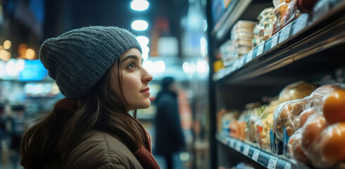 A young woman, dressed in winter clothes and a hat, looks at shelves of fresh food in a grocery store