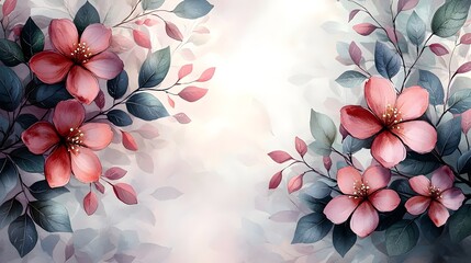 A beautiful arrangement of pink flowers and green leaves creates a serene and elegant background, showcasing soft pastel tones and delicate details for a tranquil atmosphere.
