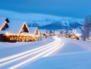 Serene snowy village with glowing festive lights.