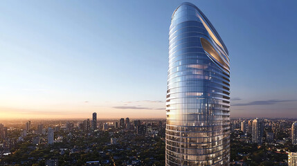 Futuristic skyscraper with curves and reflective facade against a vibrant skyline during sunset