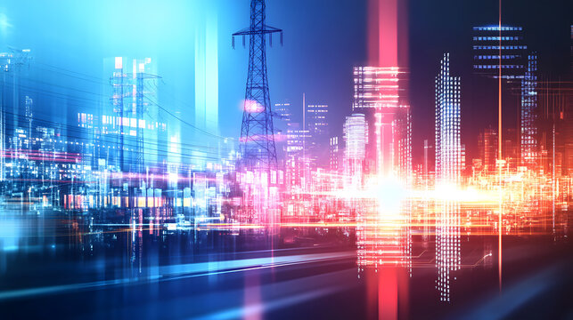 Energy infrastructure with vibrant city lights and dynamic textures