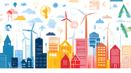 Sustainable cityscape with wind turbines and solar energy icons