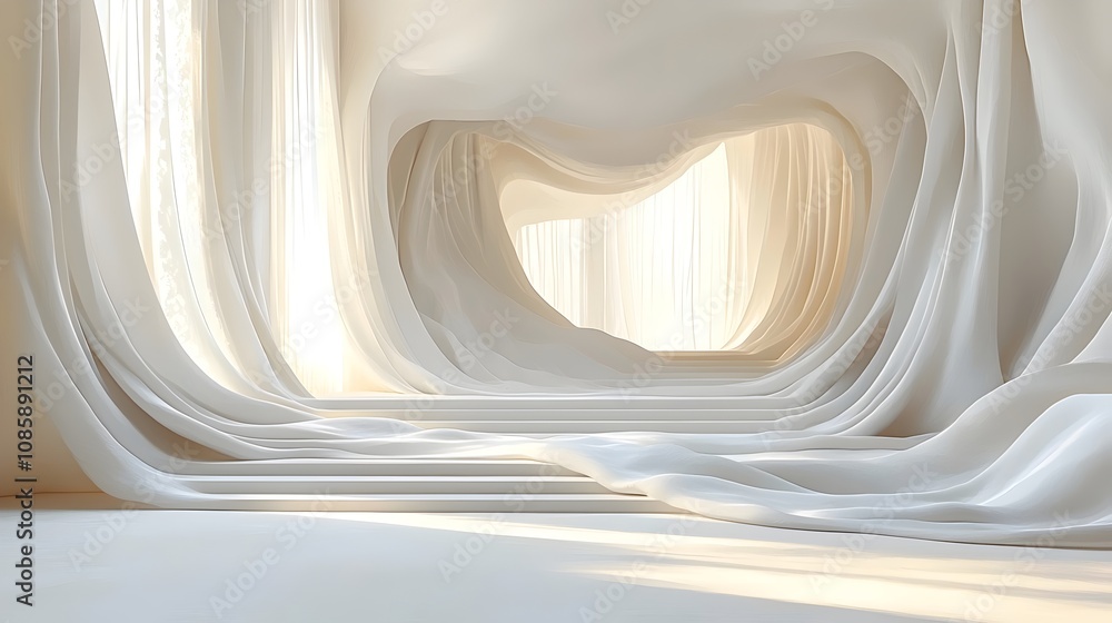 Poster a serene and ethereal interior scene with flowing white drapery, creating a dreamy atmosphere with s