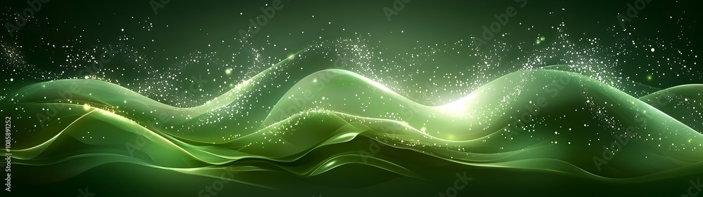 Poster an abstract green wave design featuring smooth curves and sparkling accents, creating a sense of tra