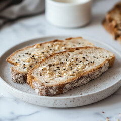 tahini bread slices on a luxery light gray plate a white marble table