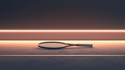 Obraz premium A tennis racket lies on a concrete surface in front of an illuminated wall.