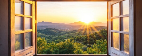 Scenic sunrise view from a window.