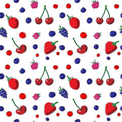 Berries. Endless doodle pattern. Seamless ornament, strawberry, cranberry, blackberry, cherry, raspberry, blueberry. Simple colorful elements. Fabric, textile, print, web, wallpapers, backgrounds