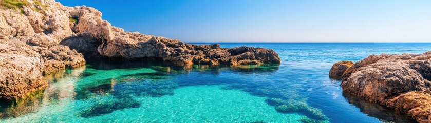 Fototapeta premium Serene coastal scene with clear blue water.
