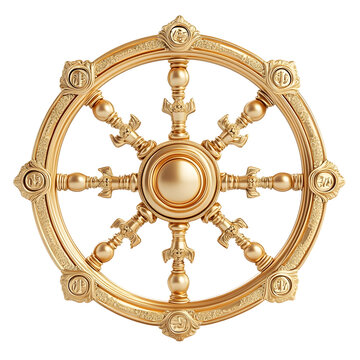 Intricate Golden Buddhist Dharma Wheel on Clean White Background