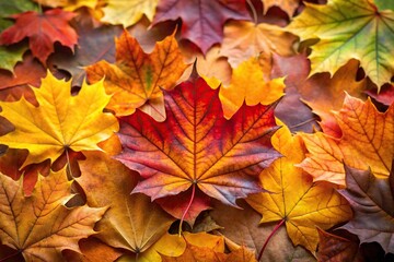 Colorful array of autumn maple leaves in varying shades of orange yellow red and brown with selective focus depth of field