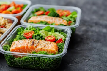 Technology innovation in food supply chains. Healthy meal prep containers filled with grilled salmon, fresh greens, and cherry tomatoes, ideal for nutritious eating on the go.