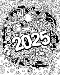 2025 doodles sketchy illustration. New Year objects and elements design