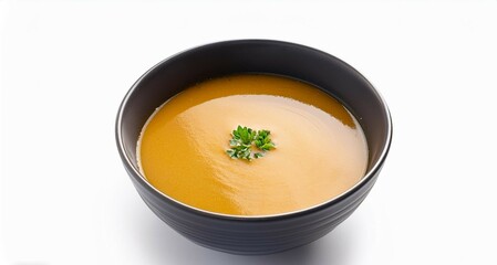 Un plato de sopa de verduras caliente con buena presentación en un plato hondo de cerámica y fondo blanco