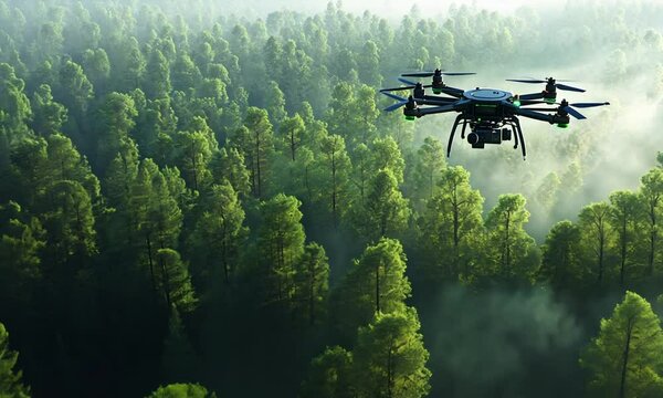 Drone Surveillance of a Misty Green Forest Canopy